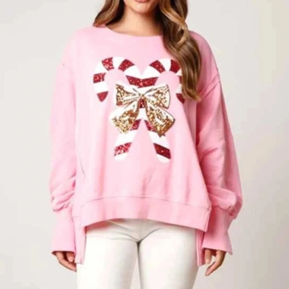 Fantastic Fawn Pink Candy Cane Sequin Sweatshirt. M NWOT - Picture 3 of 8